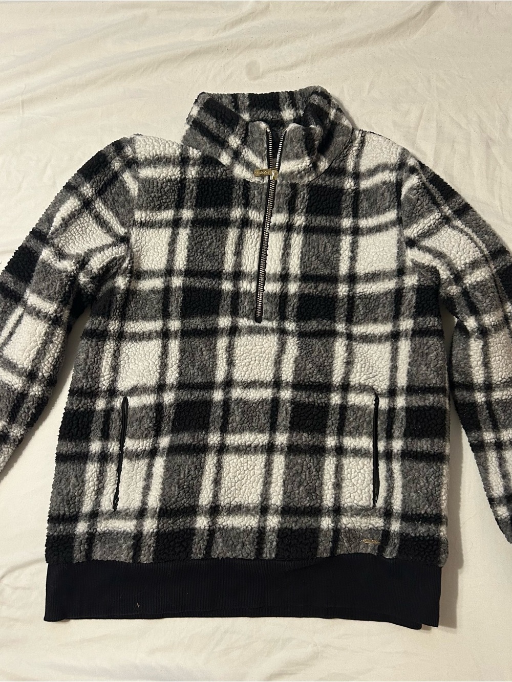 Women's Black & White Plaid Sherpa Quarter-Zip Sweater